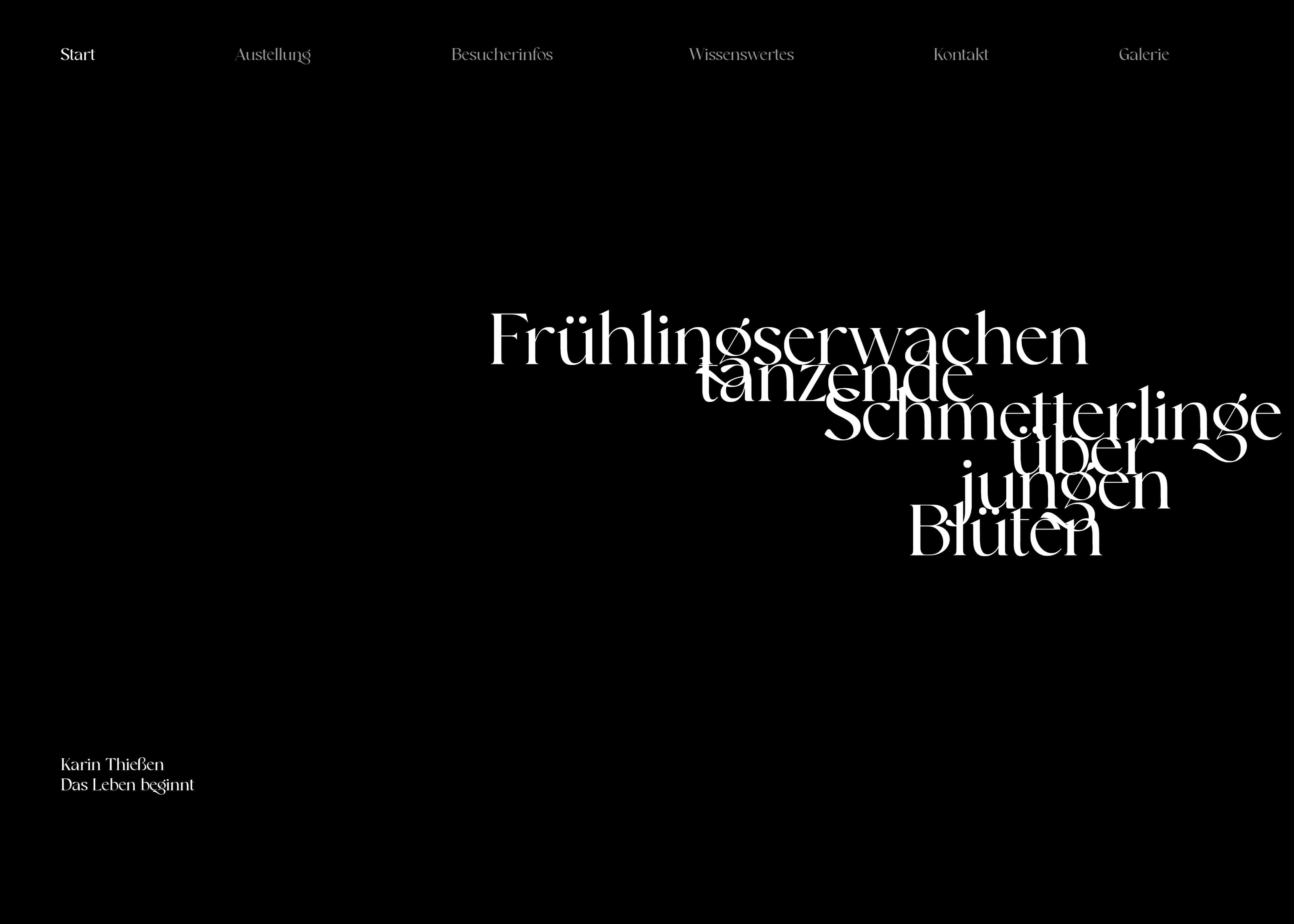 Website zur Schmetterlingsausstellung im Englischen Garten, schwarzer Hintergrund, Gestaltung ausschließlich durch feine weiße Schrift